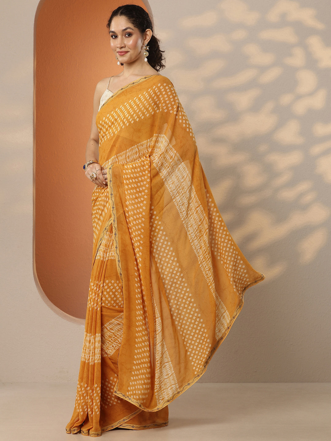  Mustard Bandhani Printed Georgette Saree With Unstitched Blouse Piece 