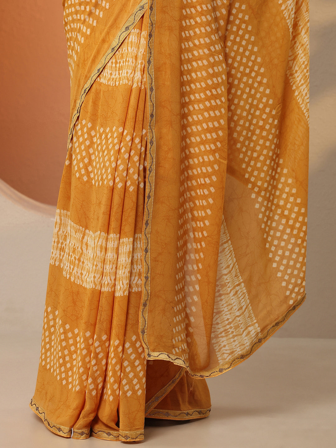  Mustard Bandhani Printed Georgette Saree With Unstitched Blouse Piece 