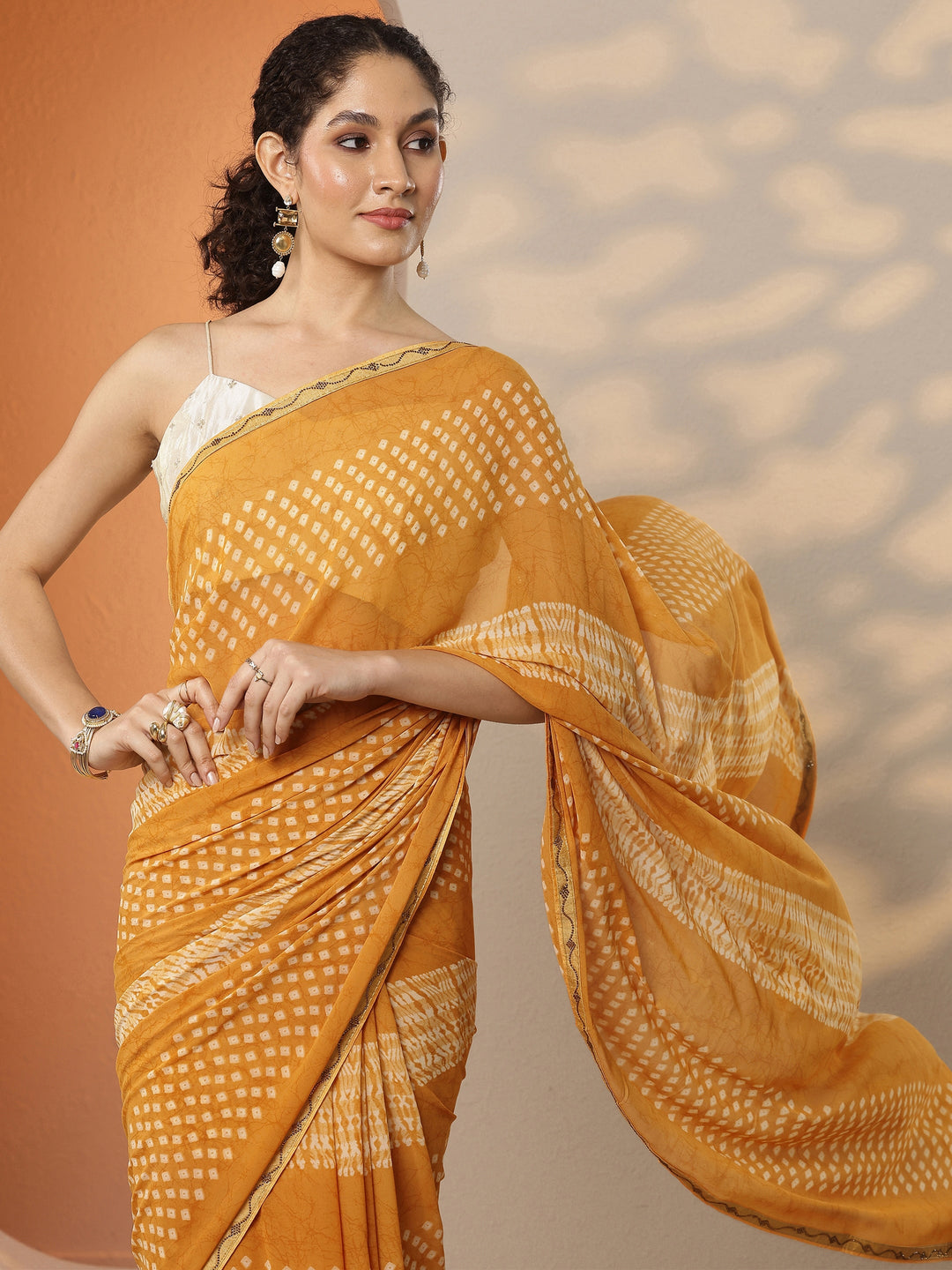  Mustard Bandhani Printed Georgette Saree With Unstitched Blouse Piece 