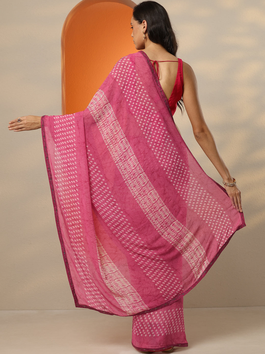  Pink Bandhani Printed Georgette Saree With Unstitched Blouse Piece 