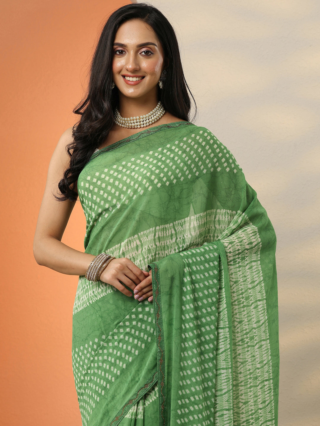  Green Bandhani Printed Georgette Saree With Unstitched Blouse Piece 