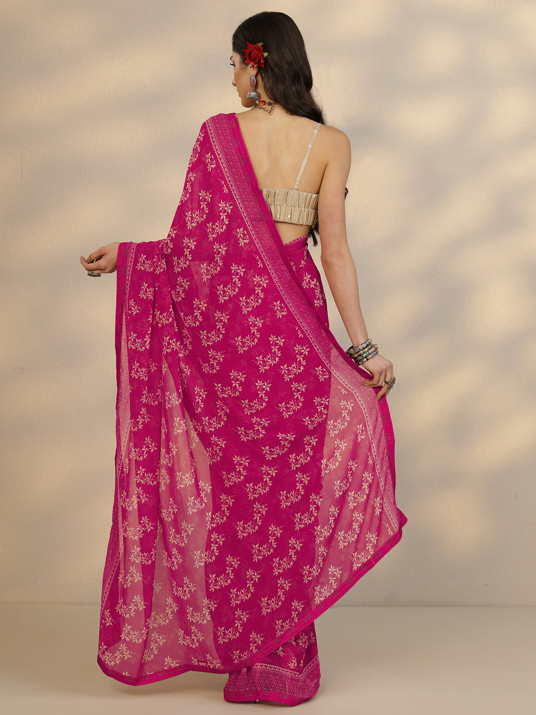  Pink Printed Georgette Saree With Unstitched Blouse Piece 