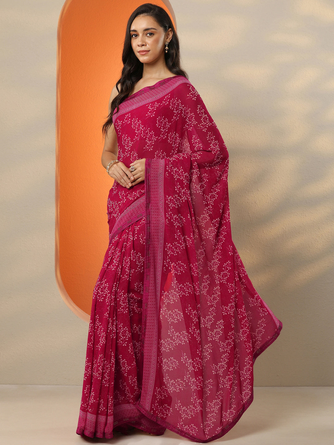  Red Printed Georgette Saree With Unstitched Blouse Piece 