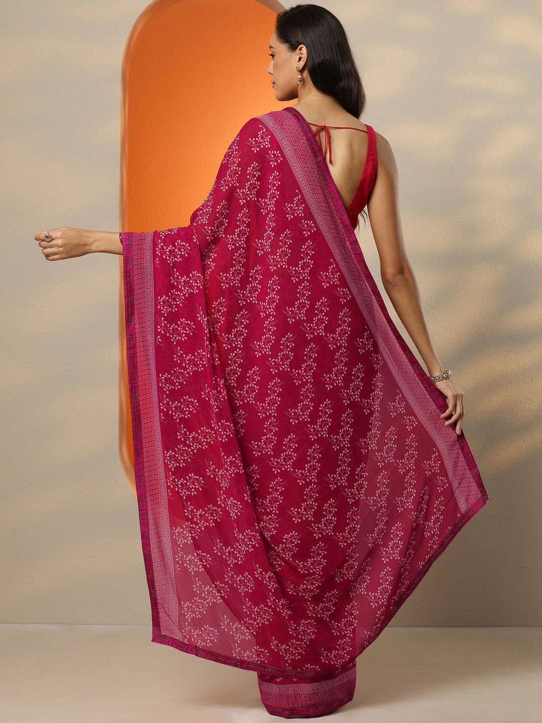  Red Printed Georgette Saree With Unstitched Blouse Piece 