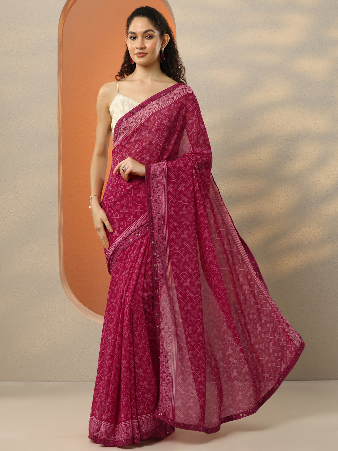  Red Printed Georgette Saree With Unstitched Blouse Piece 