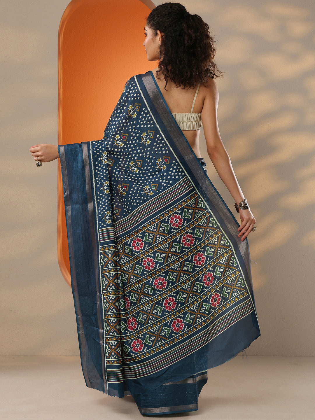  Blue Printed Silk Blend Saree With Unstitched Blouse Piece 