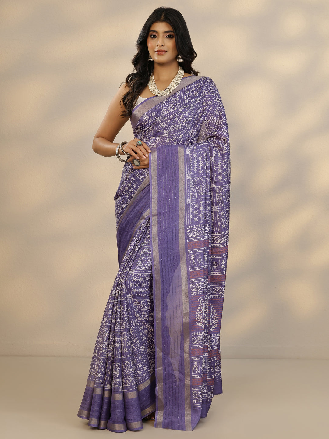 Purple Printed Silk Blend Saree With Unstitched Blouse Piece
