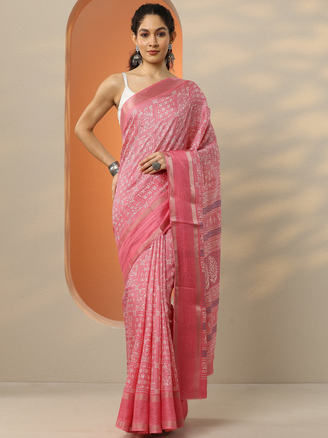  Pink Printed Silk Blend Saree With Unstitched Blouse Picece 