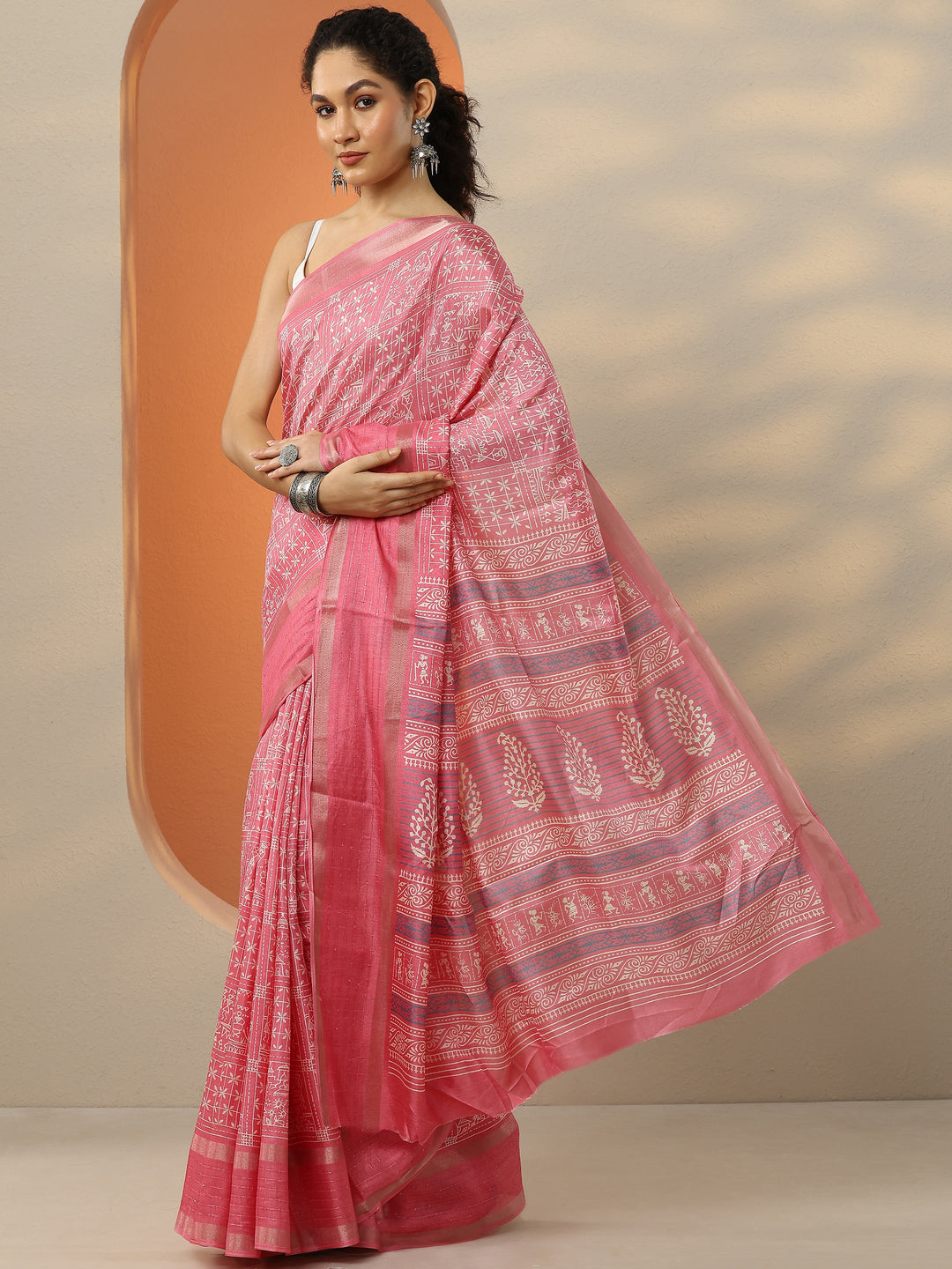  Pink Printed Silk Blend Saree With Unstitched Blouse Picece 