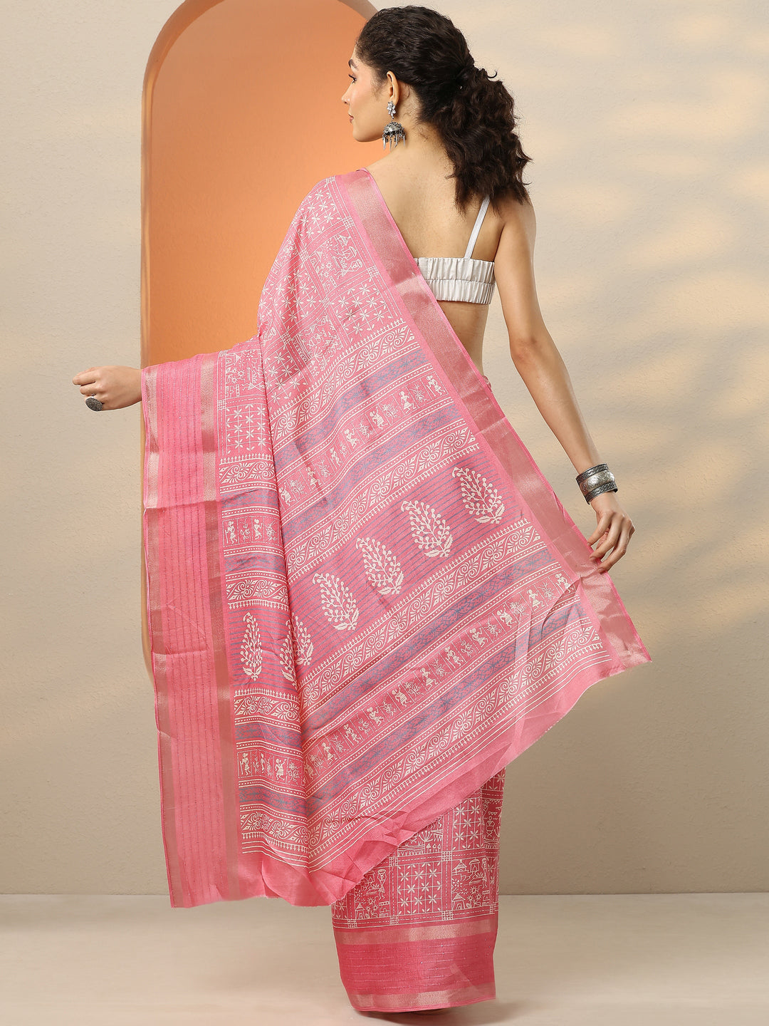 Pink Printed Silk Blend Saree With Unstitched Blouse Picece 