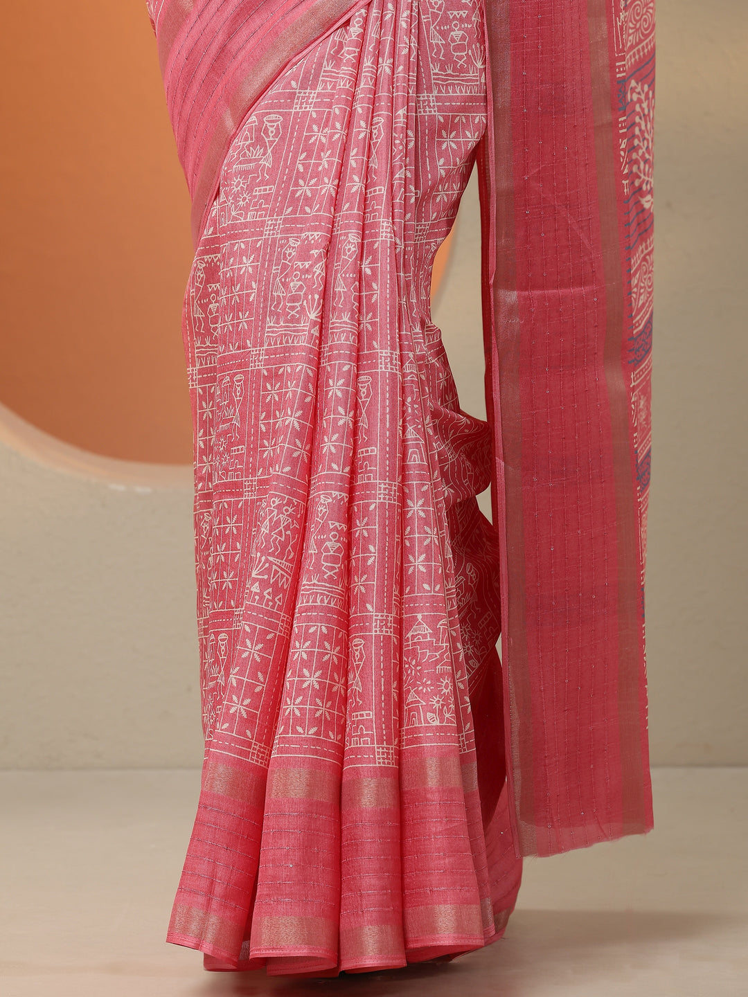  Pink Printed Silk Blend Saree With Unstitched Blouse Picece 