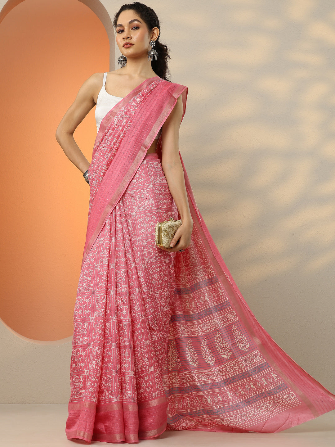 Pink Printed Silk Blend Saree With Unstitched Blouse Picece