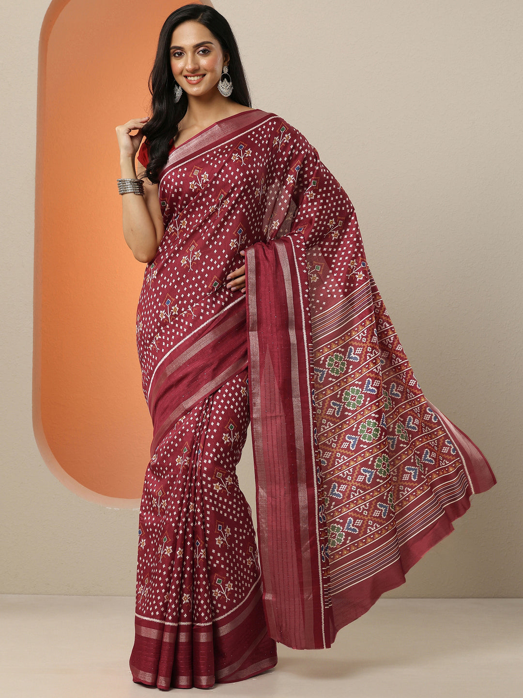  Red Printed Silk Blend Saree With Unstitched Blouse Piece 