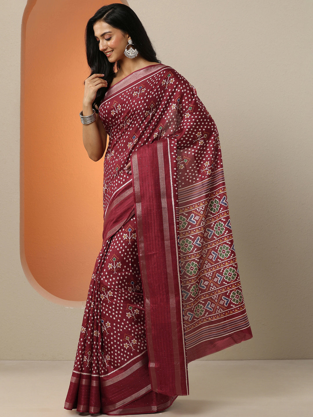  Red Printed Silk Blend Saree With Unstitched Blouse Piece 