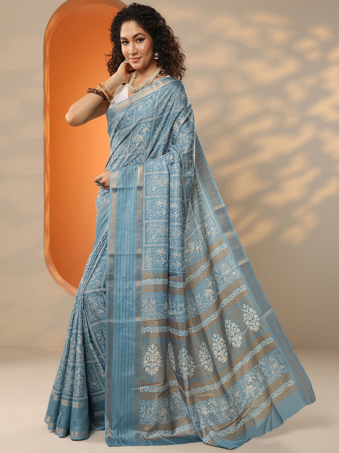  Blue Printed Silk Blend Saree With Unstitched Blouse Piece 