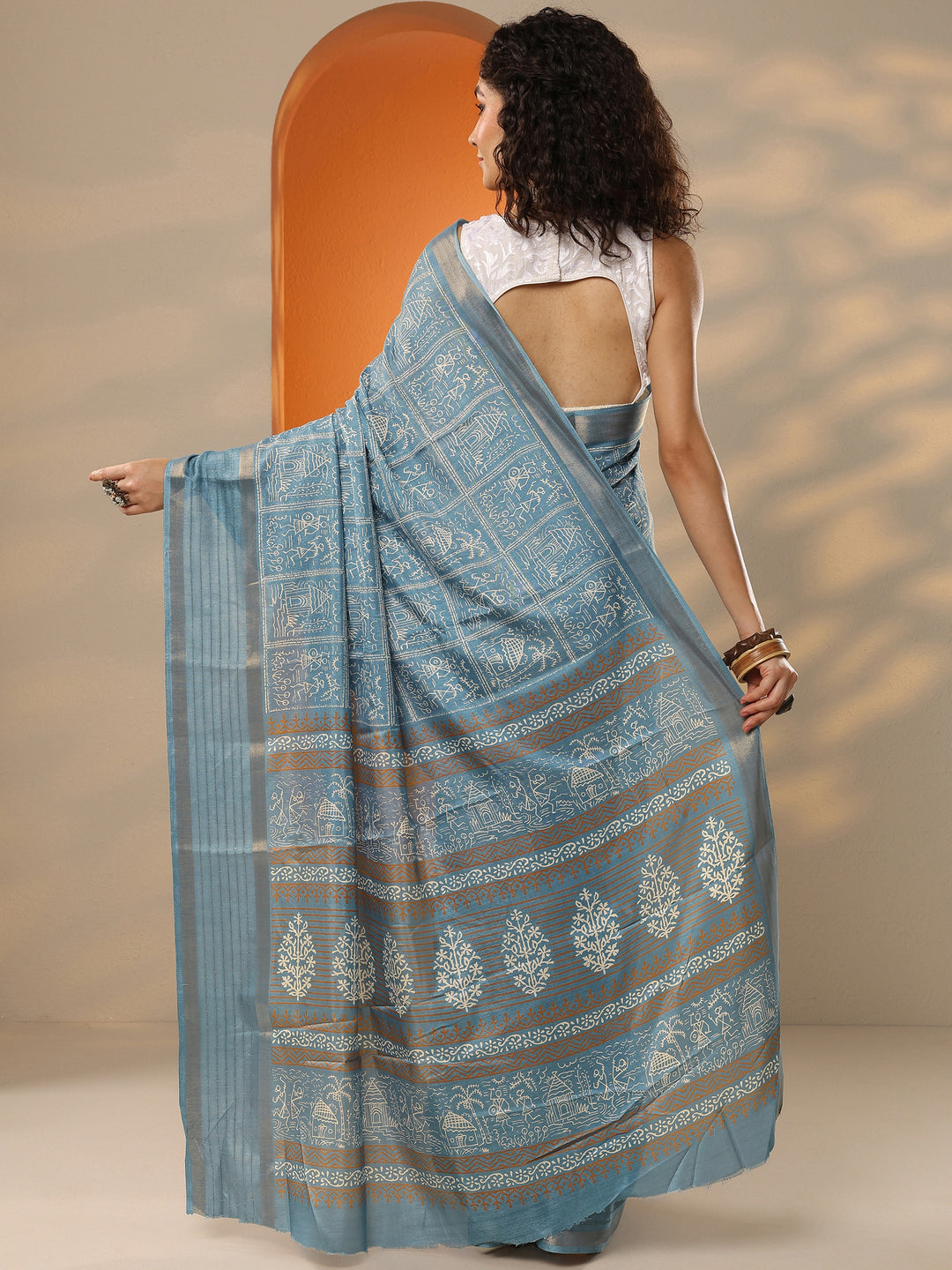  Blue Printed Silk Blend Saree With Unstitched Blouse Piece 