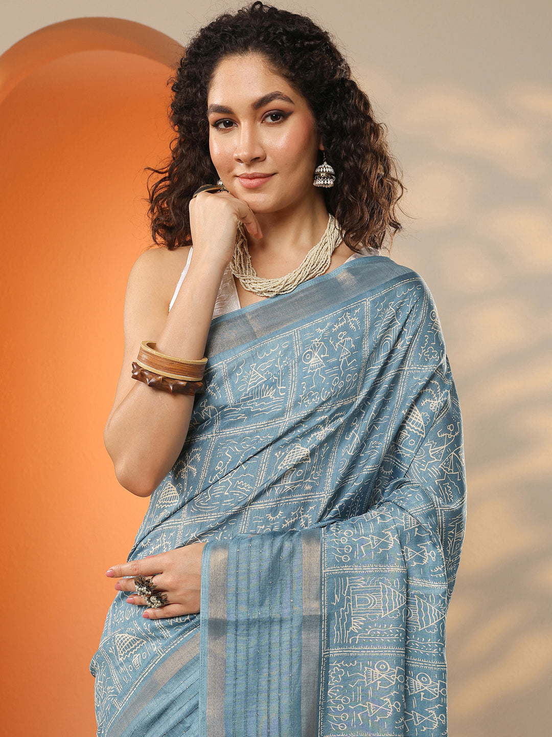  Blue Printed Silk Blend Saree With Unstitched Blouse Piece 