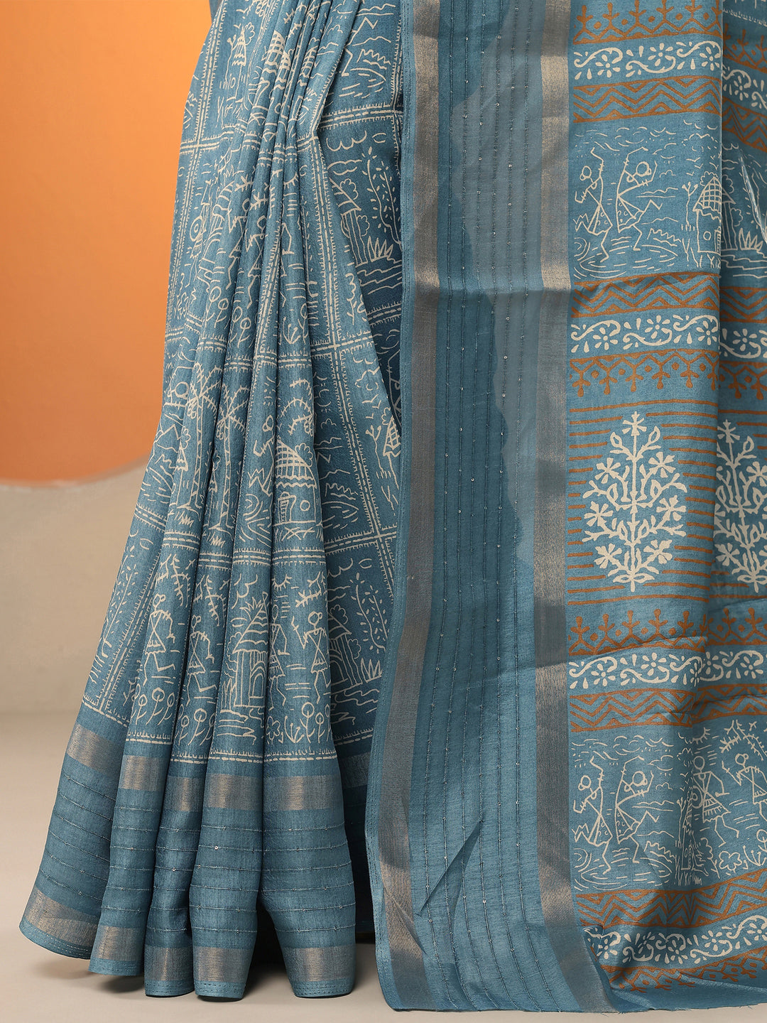  Blue Printed Silk Blend Saree With Unstitched Blouse Piece 