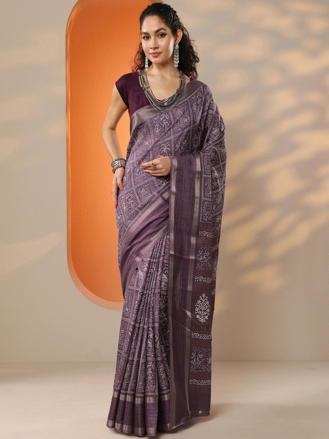  Mauve Printed Silk Blend Saree With Unstitched Blouse Piece 