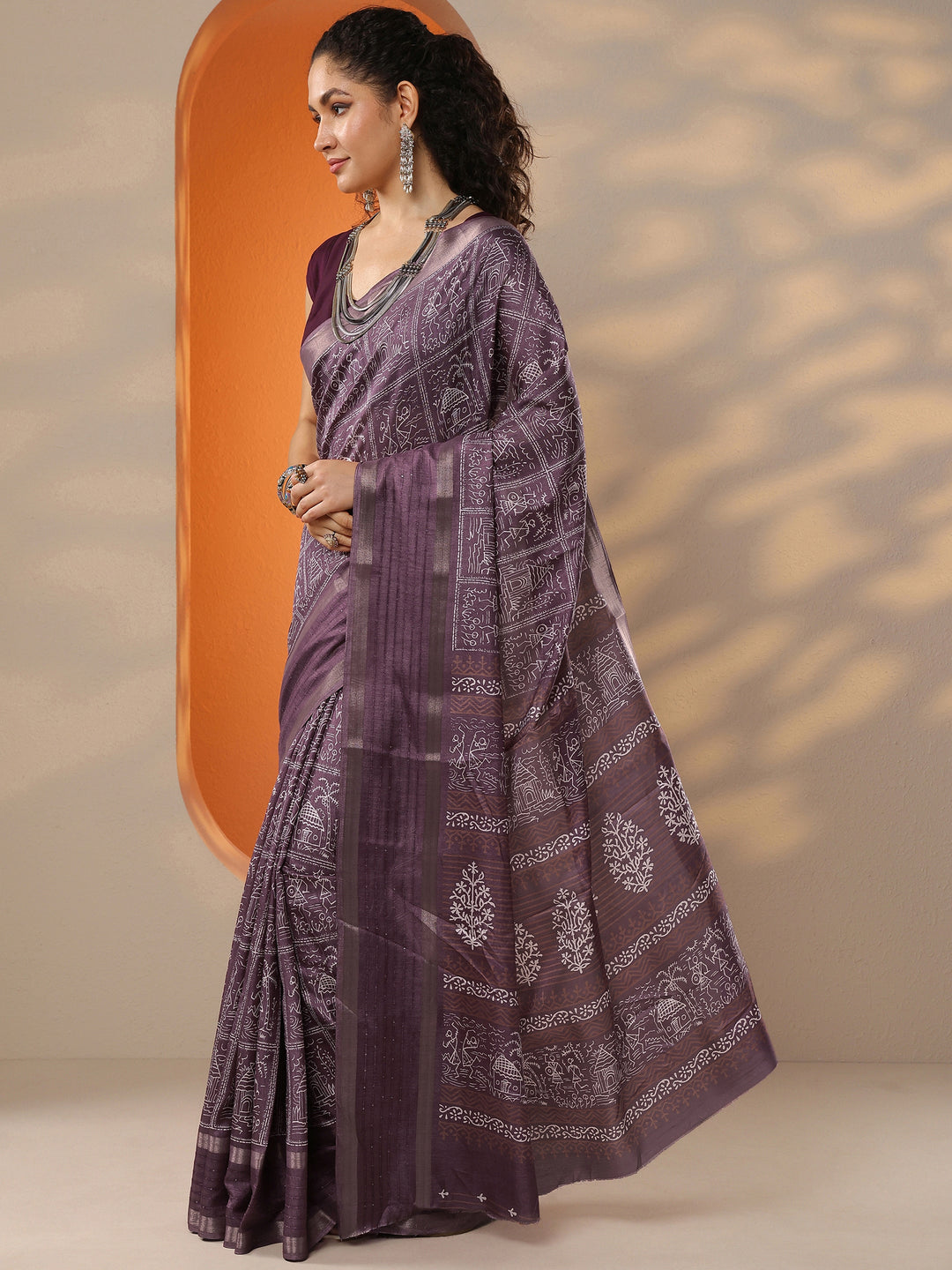  Mauve Printed Silk Blend Saree With Unstitched Blouse Piece 