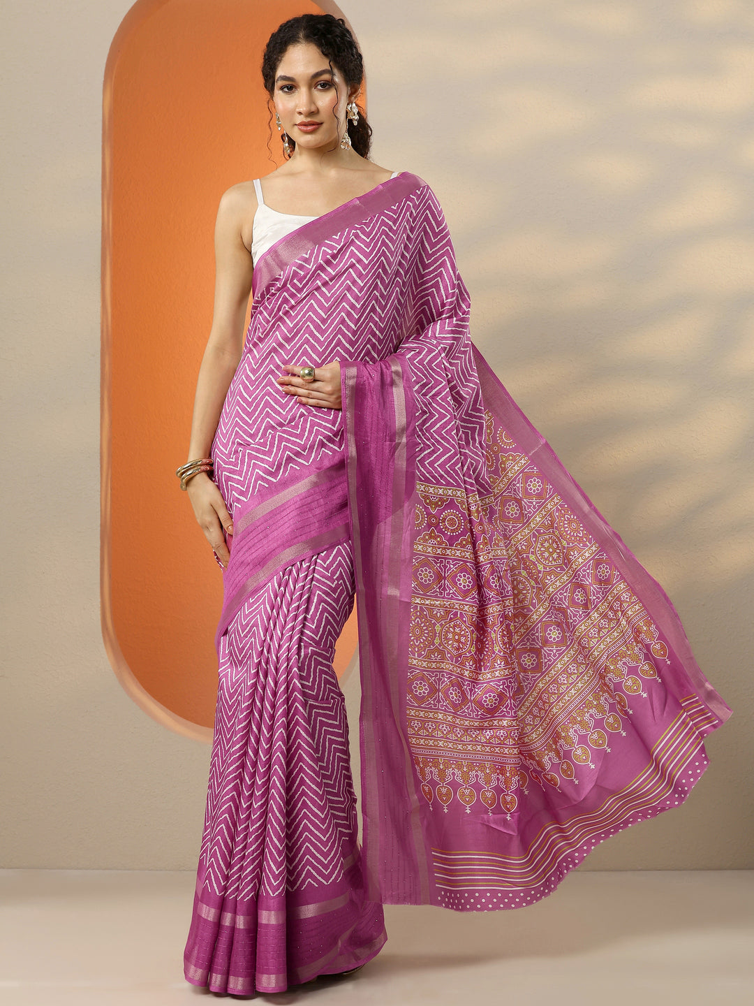  Pink Leheriya Printed Silk Blend Saree With Unstitched Blouse Piece 