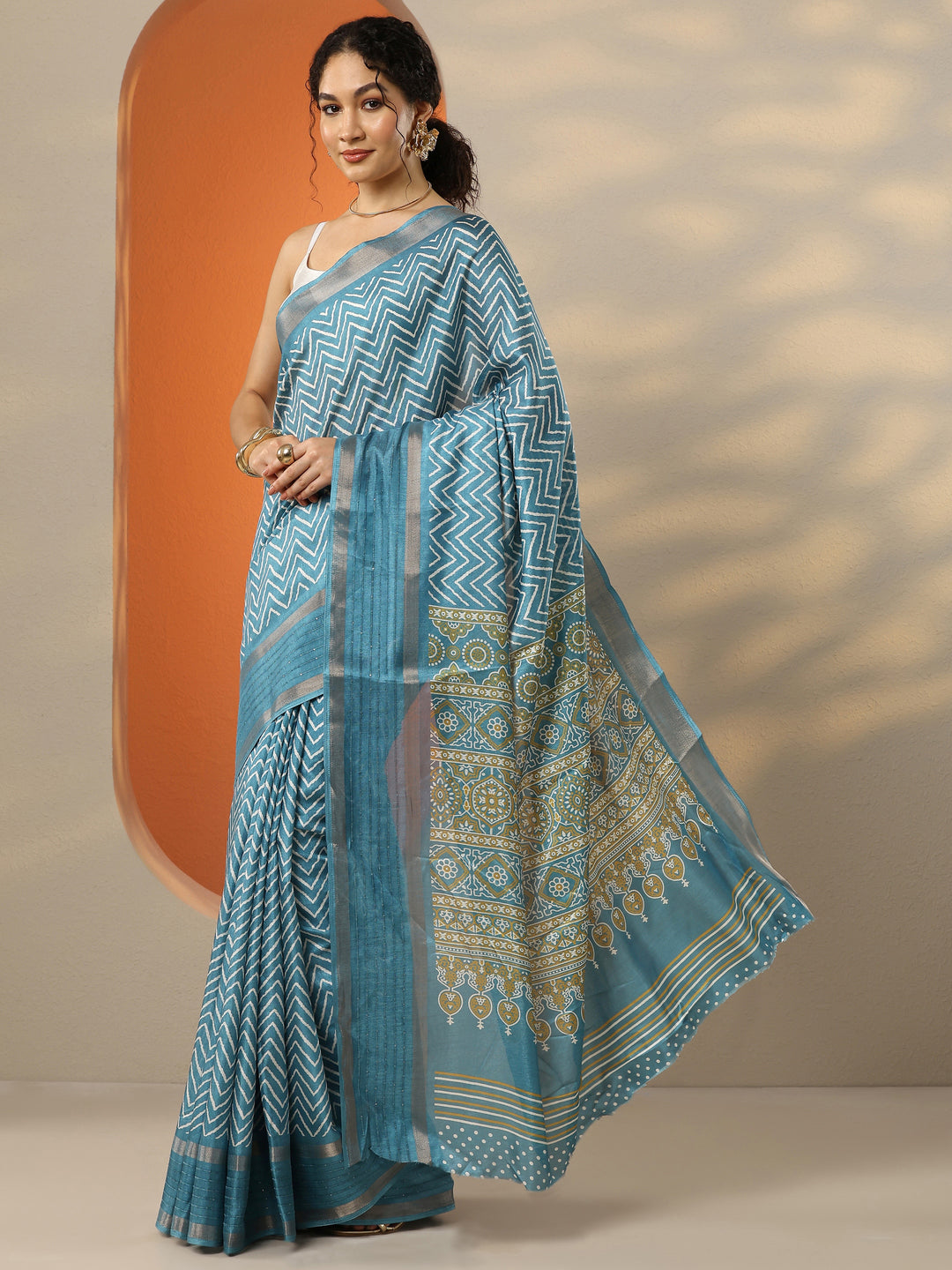  Blue Leheriya Printed Silk Blend Saree With Unstitched Blouse Piece 
