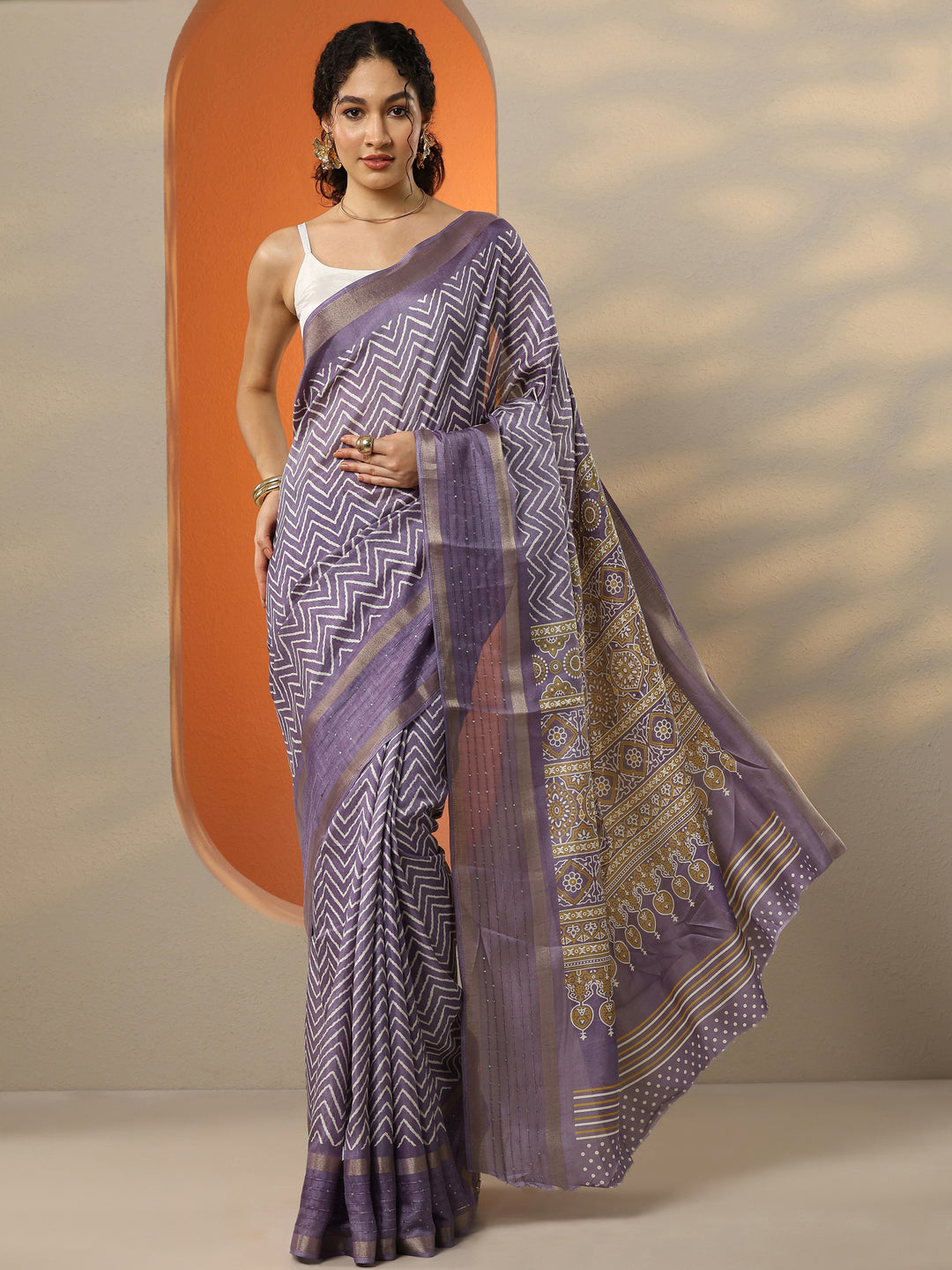  Purple Leheriya Printed Silk Blend Saree With Unstitched Blouse Piece 