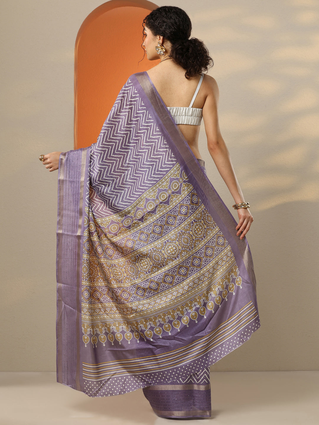  Purple Leheriya Printed Silk Blend Saree With Unstitched Blouse Piece 
