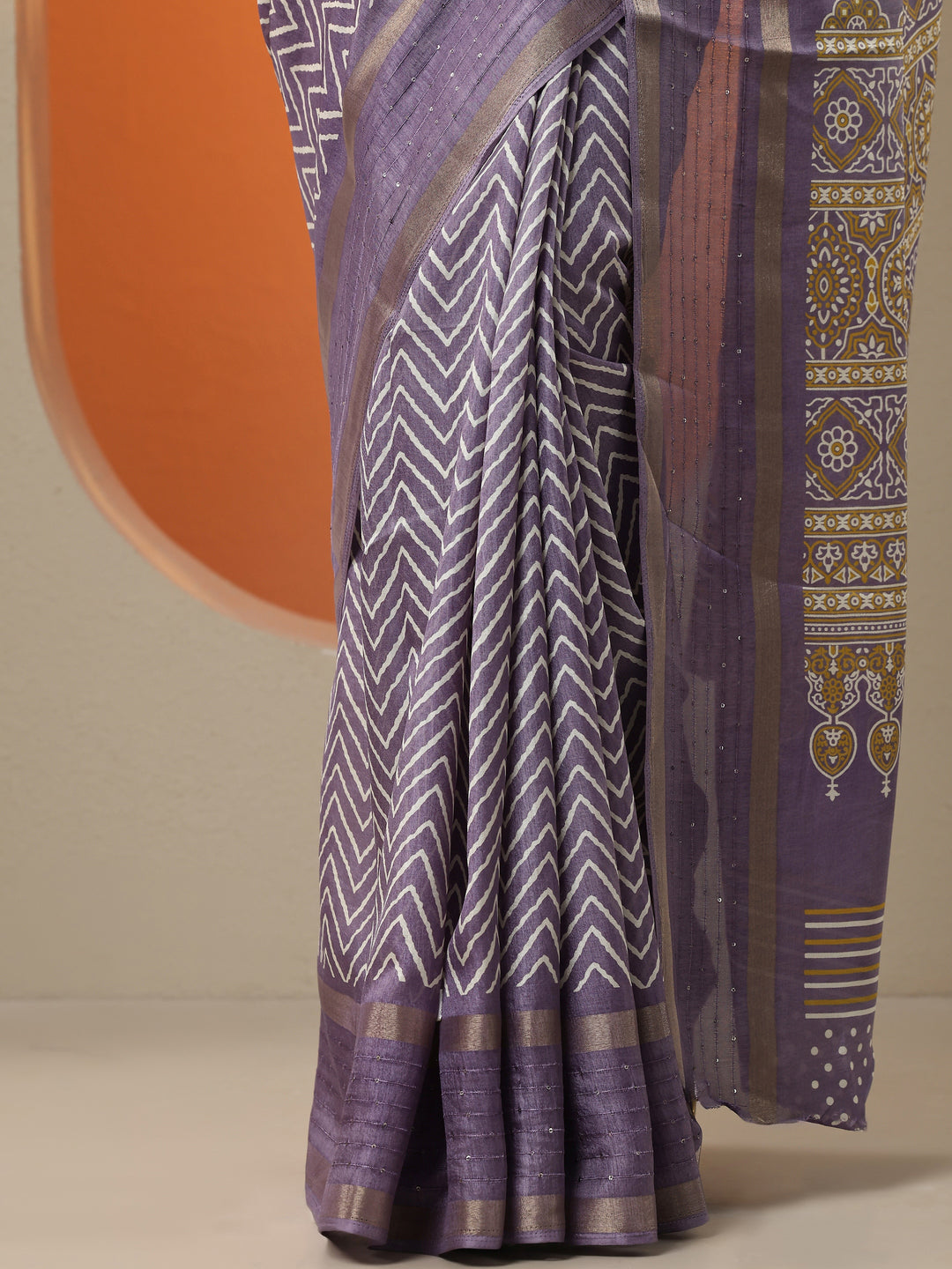  Purple Leheriya Printed Silk Blend Saree With Unstitched Blouse Piece 