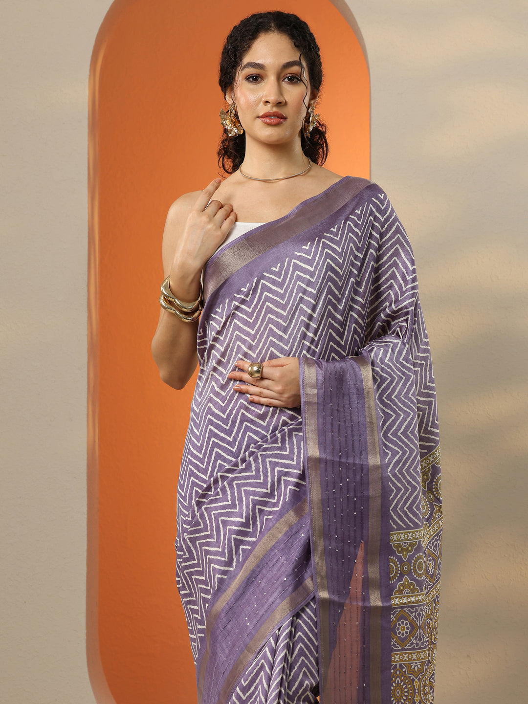  Purple Leheriya Printed Silk Blend Saree With Unstitched Blouse Piece 