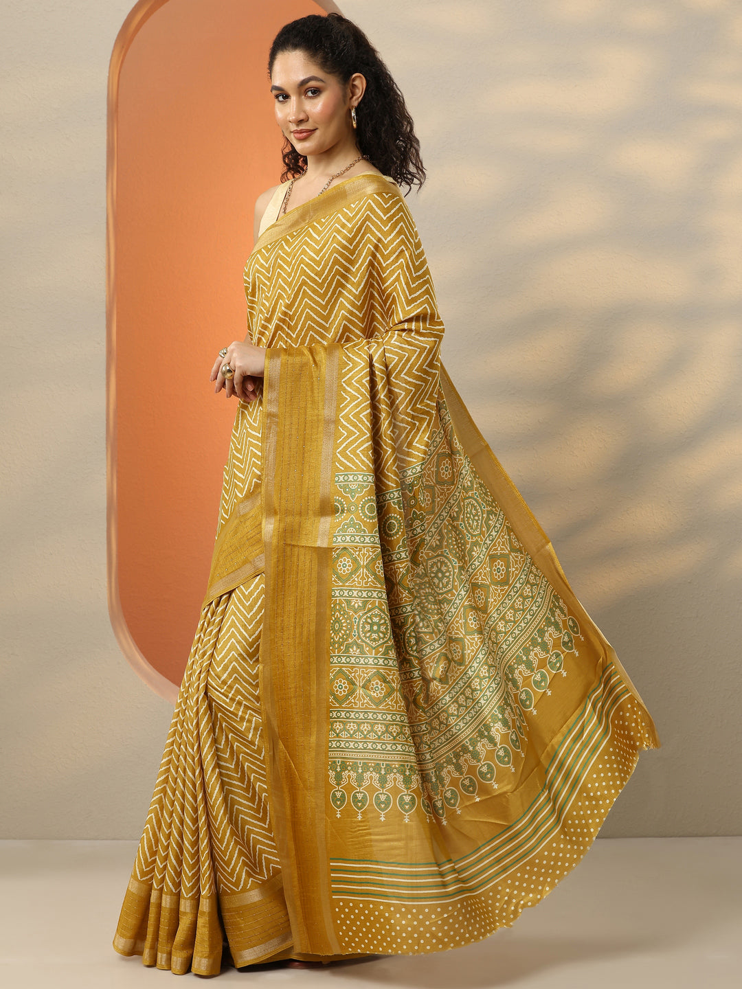  Mustard Leheriya Printed Silk Blend Saree With Unstitched Blouse Piece 