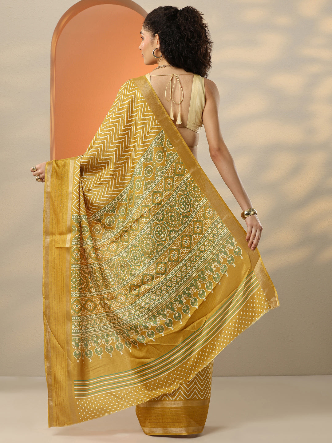  Mustard Leheriya Printed Silk Blend Saree With Unstitched Blouse Piece 