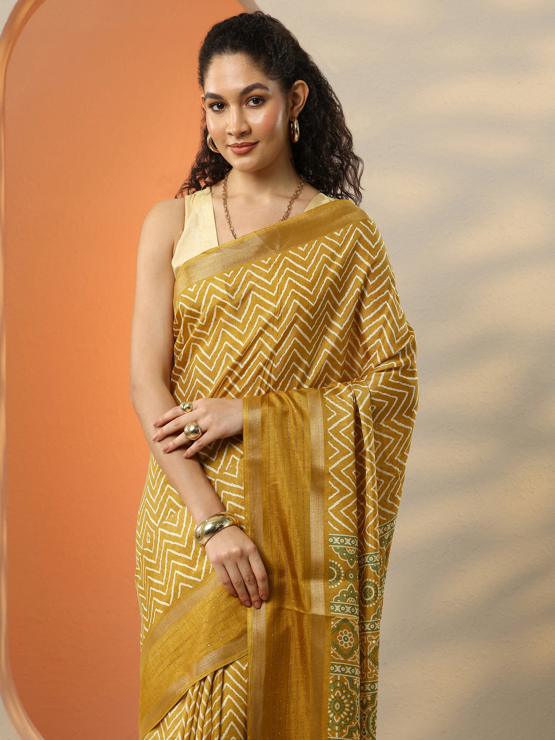  Mustard Leheriya Printed Silk Blend Saree With Unstitched Blouse Piece 