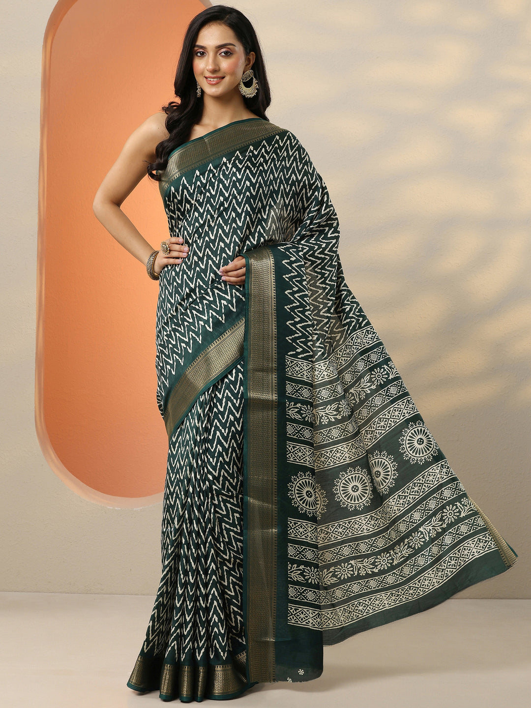  Green Leheriya Printed Silk Blend Saree With Unstitched Blouse Picece 