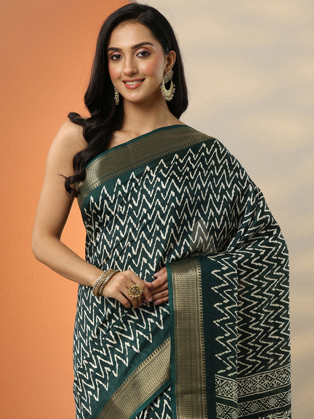  Green Leheriya Printed Silk Blend Saree With Unstitched Blouse Picece 