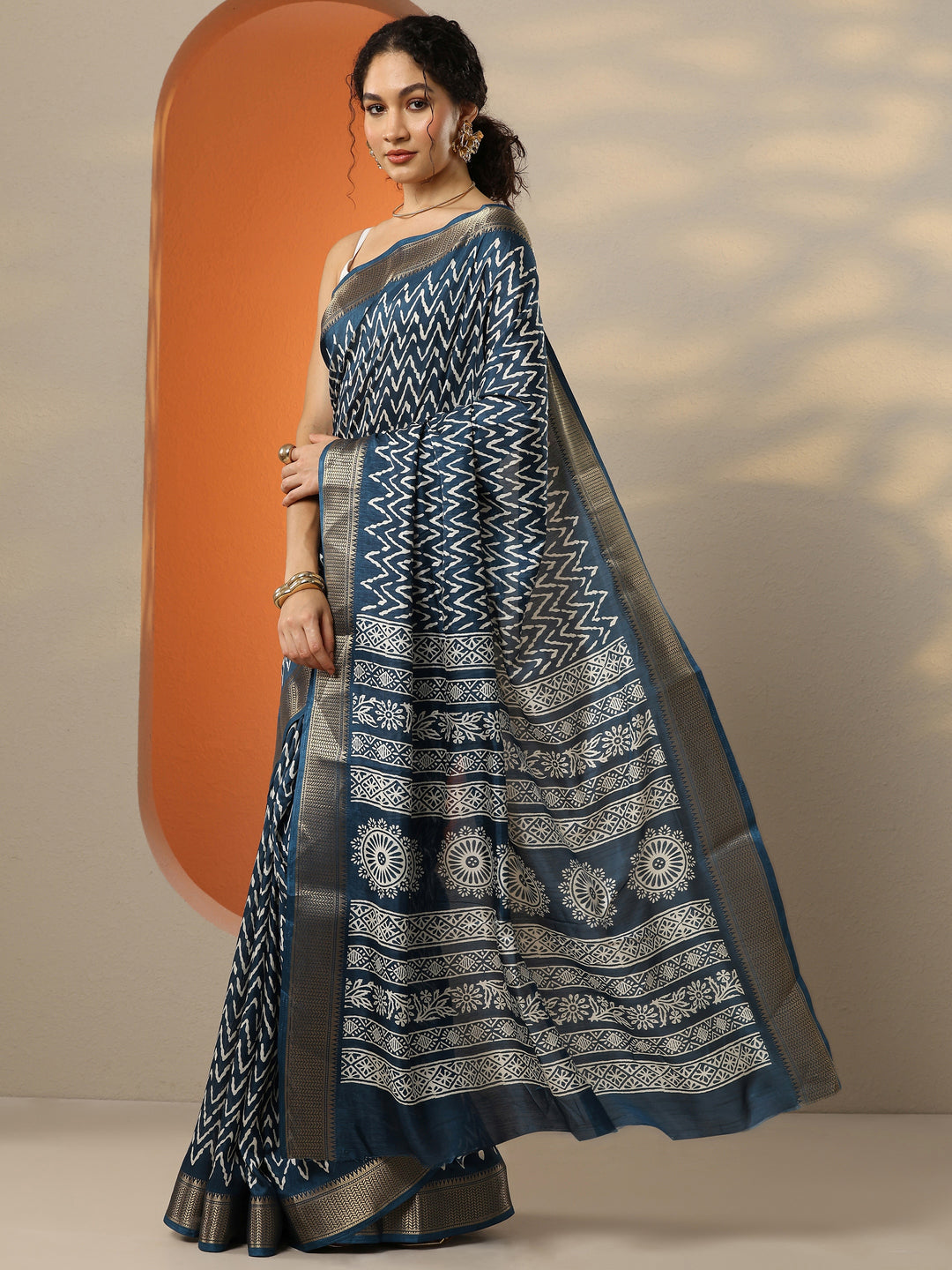  Blue Leheriya Printed Silk Blend Saree With Unstitched Blouse Piece 