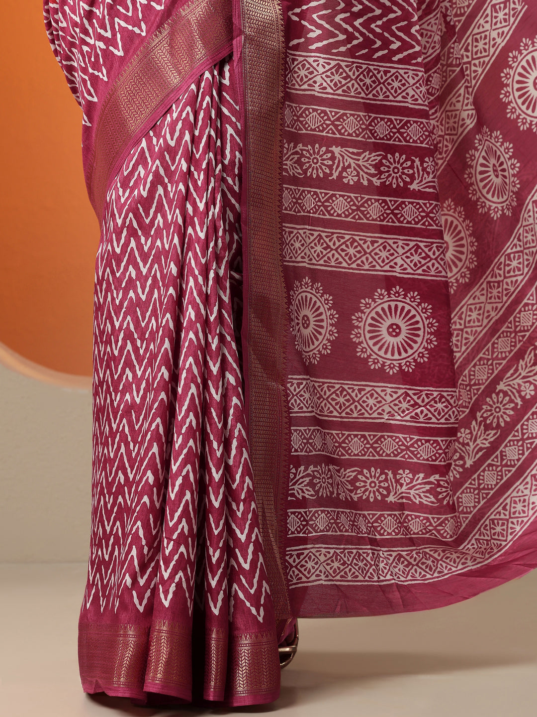  Pink Leheriya Printed Silk Blend Saree With Unstitched Blouse Piece 