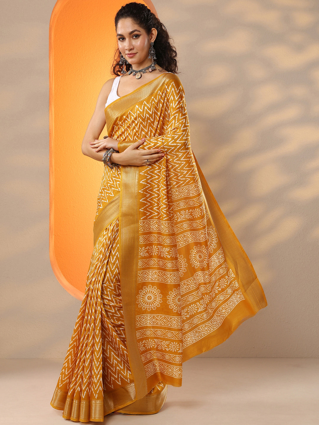  Mustard Leheriya Printed Silk Blend Saree With Unstitched Blouse Piece 
