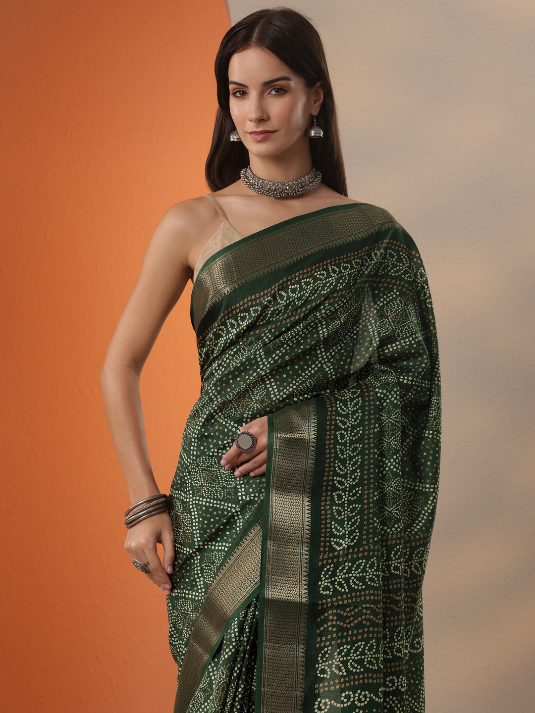  Green Bandhani Printed Silk Blend Saree With Unstitched Blouse Piece 