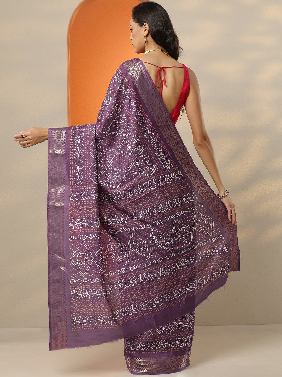  Purple Bandhani Printed Silk Blend Saree With Unstitched Blouse Piece 