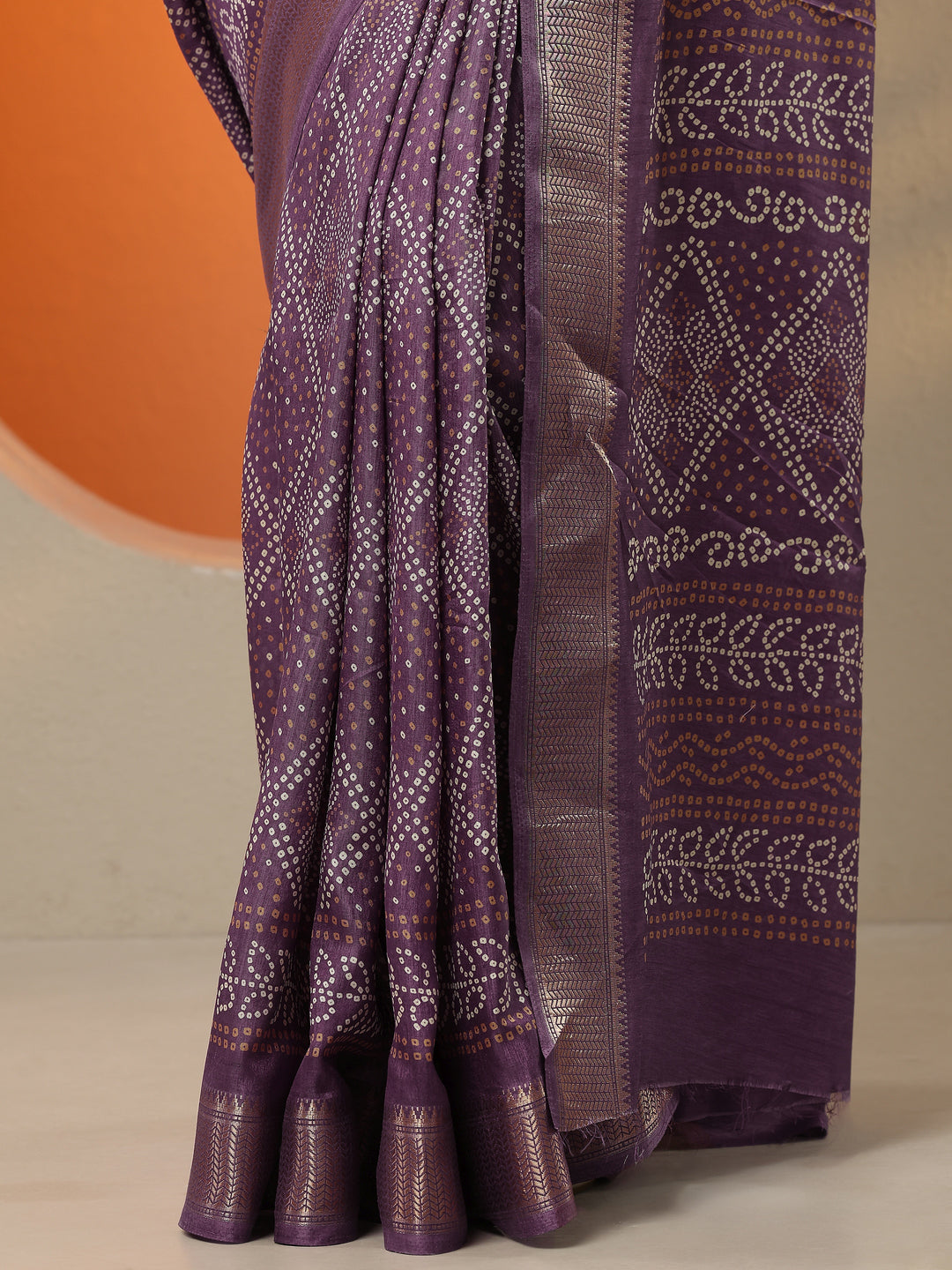  Purple Bandhani Printed Silk Blend Saree With Unstitched Blouse Piece 