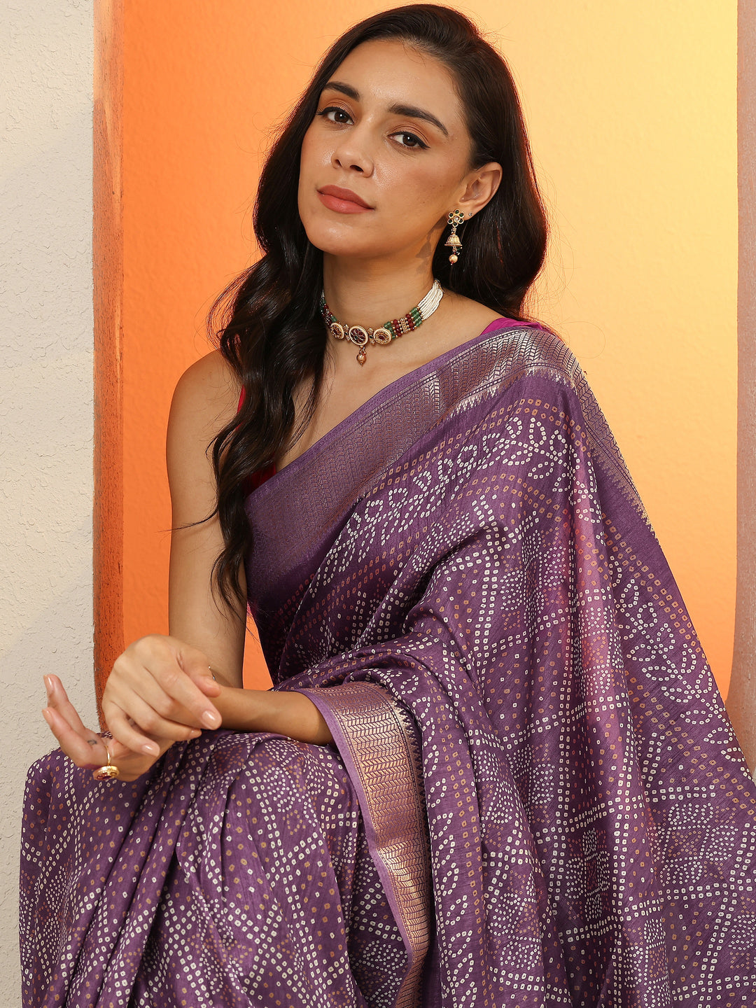  Purple Bandhani Printed Silk Blend Saree With Unstitched Blouse Piece 