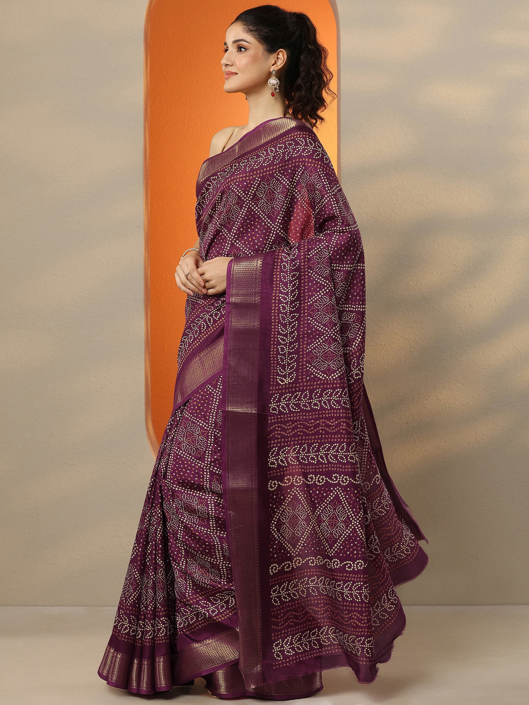  Maroon Bandhani Printed Silk Blend Saree With Unstitched Blouse Piece 