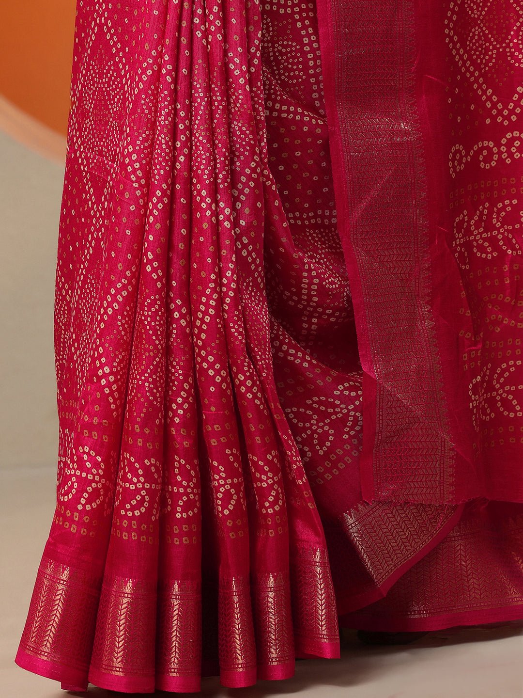  Red Bandhani Printed Silk Blend Saree With Unstitched Blouse Piece 