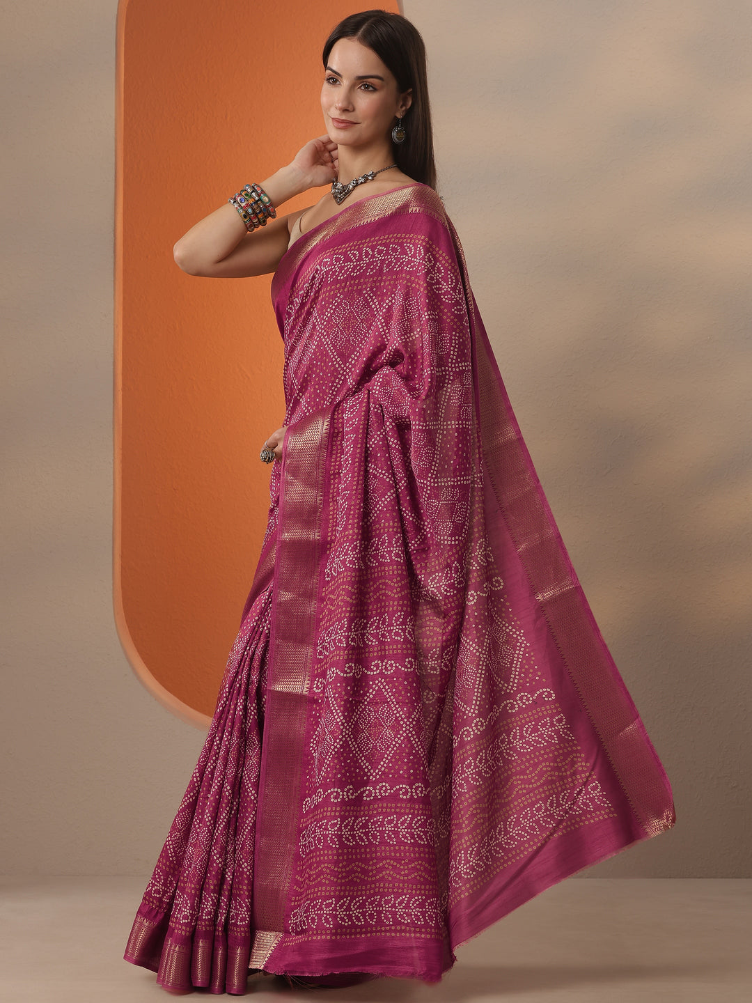  Pink Bandhani Printed Silk Blend Saree With Unstitched Blouse Piece 