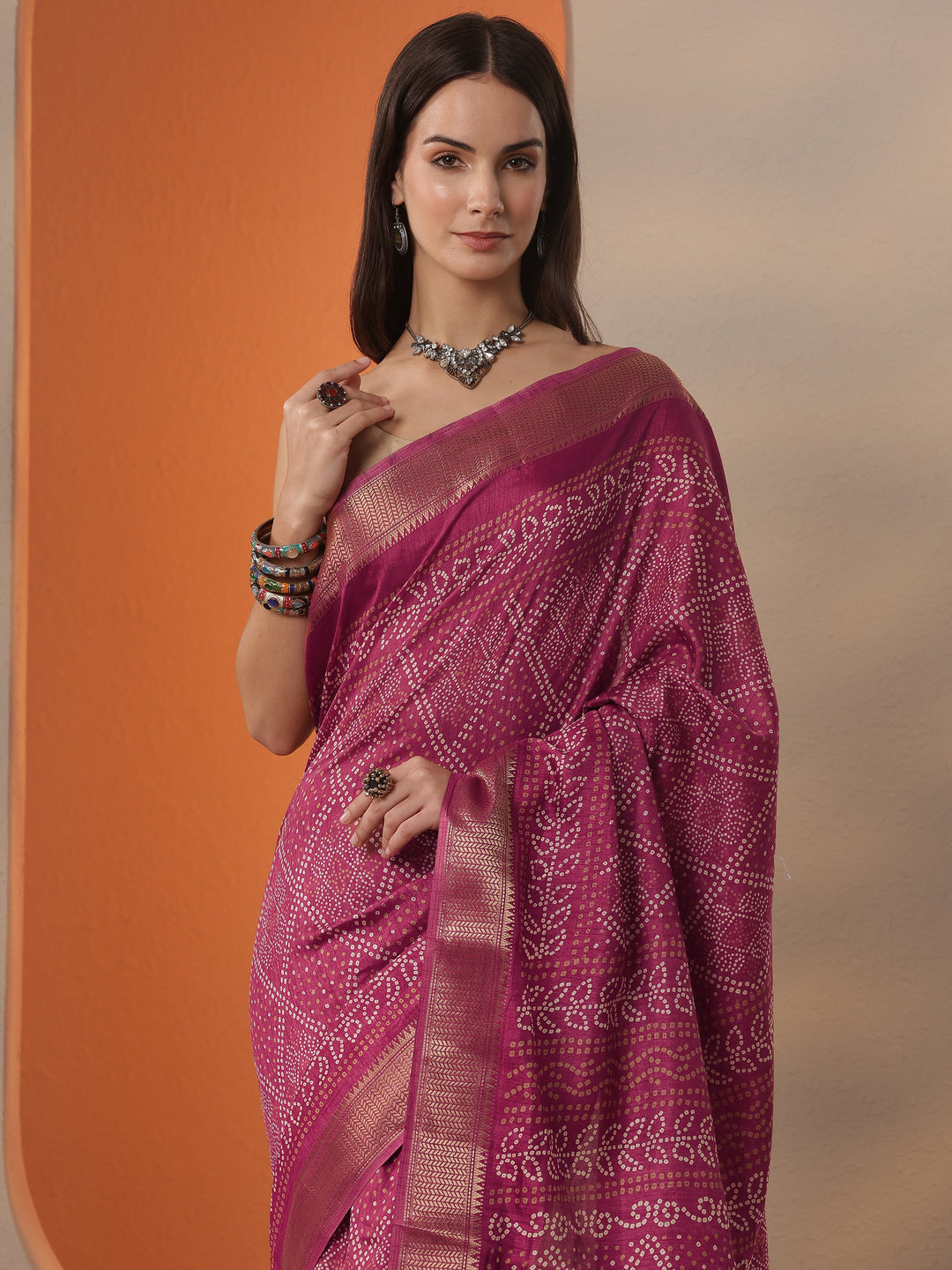  Pink Bandhani Printed Silk Blend Saree With Unstitched Blouse Piece 