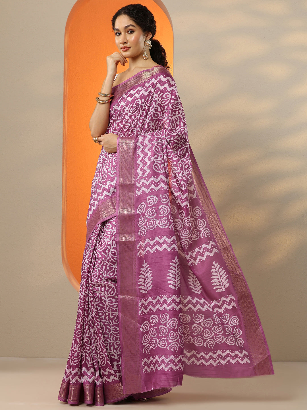  Magenta Batik Printed Silk Blend Saree With Unstitched Blouse Piece 