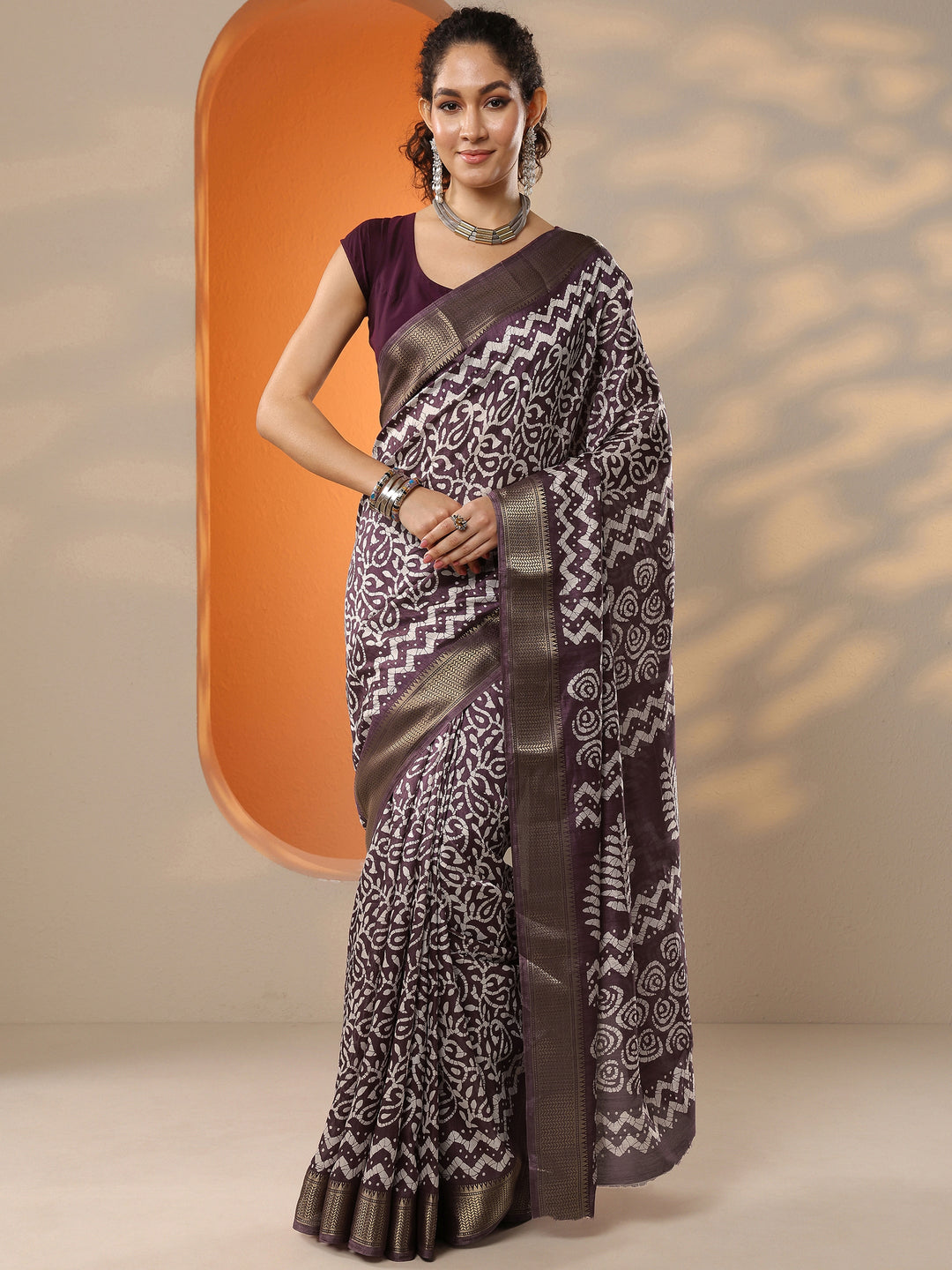  Burgundy Batik Printed Silk Blend Saree With Unstitched Blouse Piece 