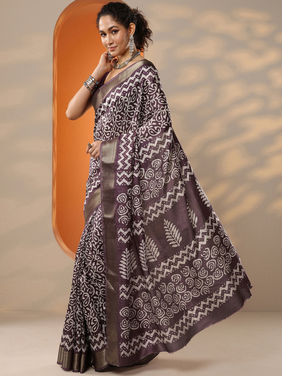  Burgundy Batik Printed Silk Blend Saree With Unstitched Blouse Piece 