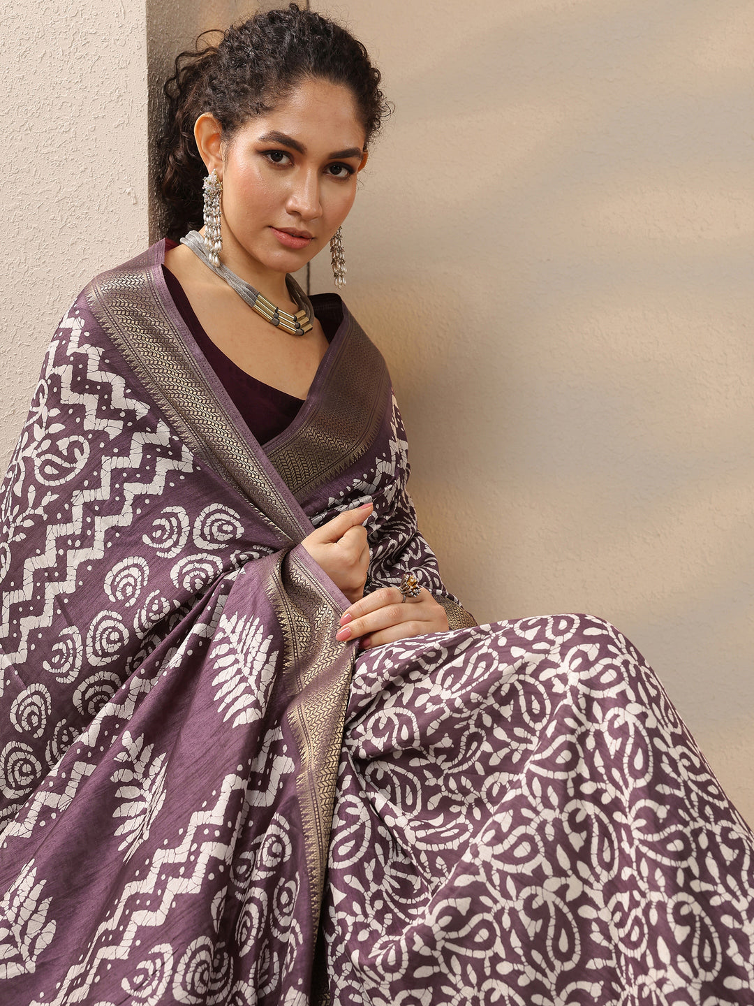 Burgundy Batik Printed Silk Blend Saree With Unstitched Blouse Piece 